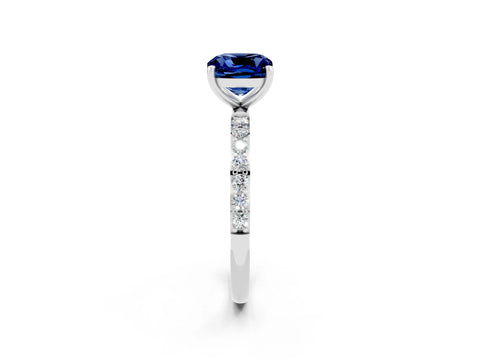 White gold Cushion Cut Blue Sapphire Solitaire Ring with Pave Band and Four Prong Setting_26