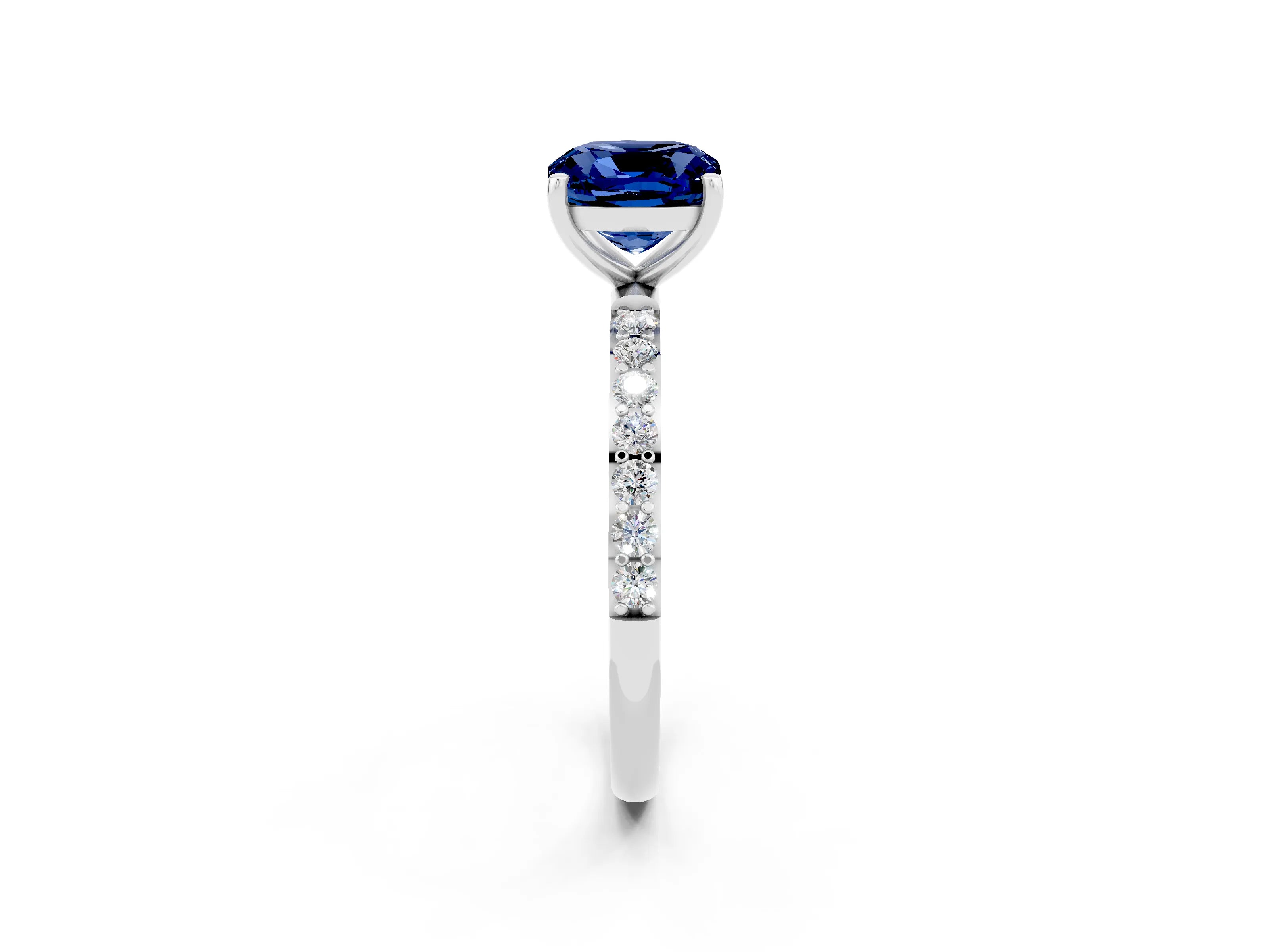 White gold Cushion Cut Blue Sapphire Solitaire Ring with Pave Band and Four Prong Setting_26