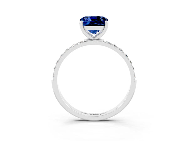 White gold Cushion Cut Blue Sapphire Solitaire Ring with Round  Pavé Band and Prong Setting