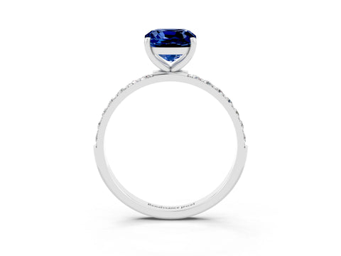 White gold Cushion Cut Blue Sapphire Solitaire Ring with Pave Band and Four Prong Setting_27