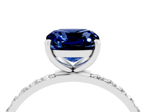 White gold Cushion Cut Blue Sapphire Solitaire Ring with Pave Band and Four Prong Setting_28