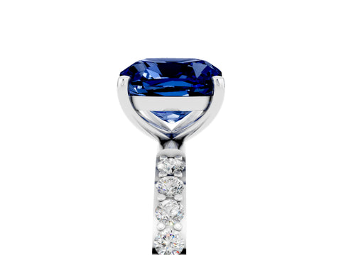 White gold Cushion Cut Blue Sapphire Solitaire Ring with Pave Band and Four Prong Setting_29