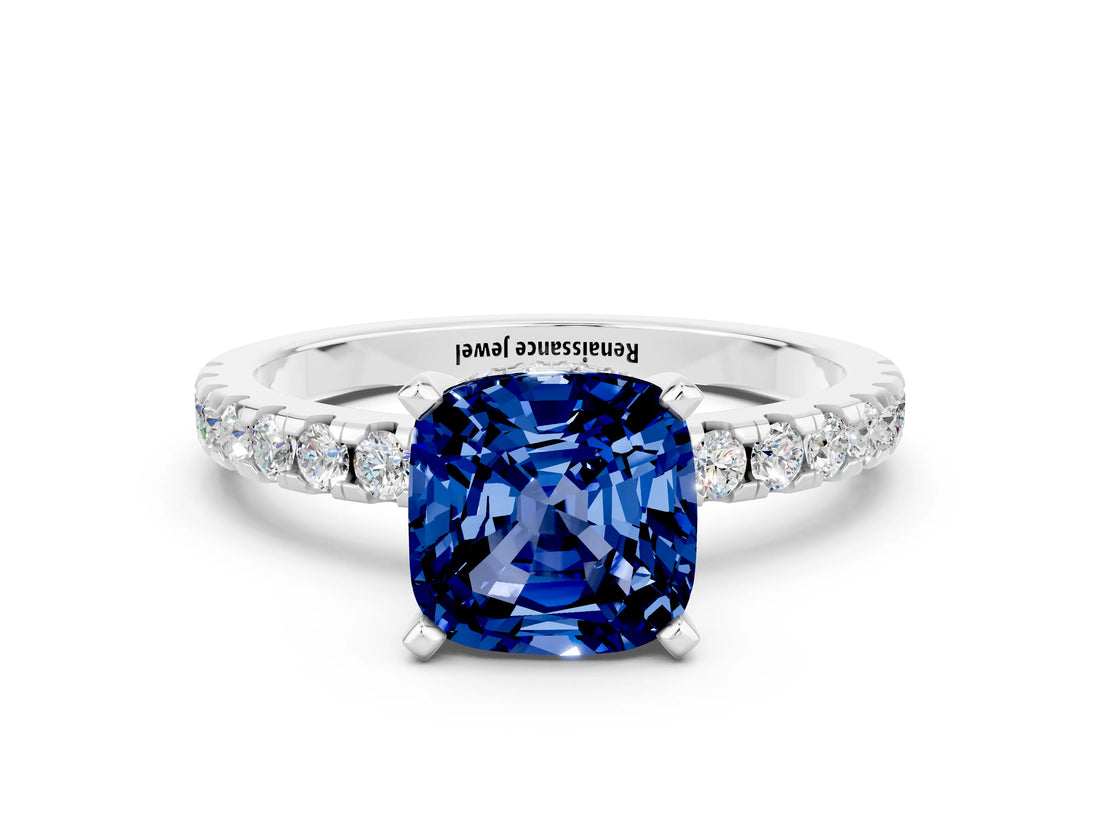 White gold Cushion Cut Blue Sapphire Solitaire Ring with Round  Pavé Band and Four-Prong Setting_60
