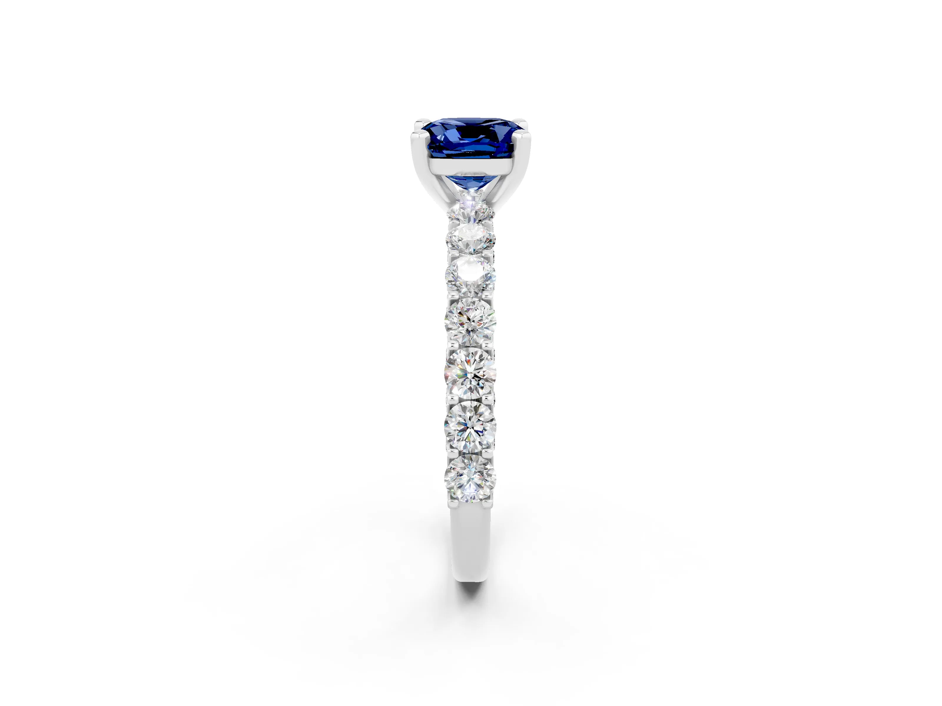 White gold Cushion Cut Blue Sapphire Solitaire Ring with Shared Prong Pavé Band and Four-Prong Setting_2