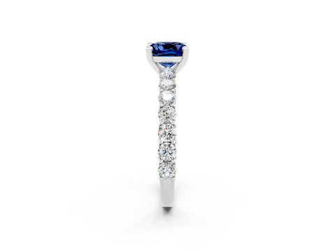 White gold Cushion Cut Blue Sapphire Solitaire Ring with Shared Prong Pavé Band and Four-Prong Setting_2