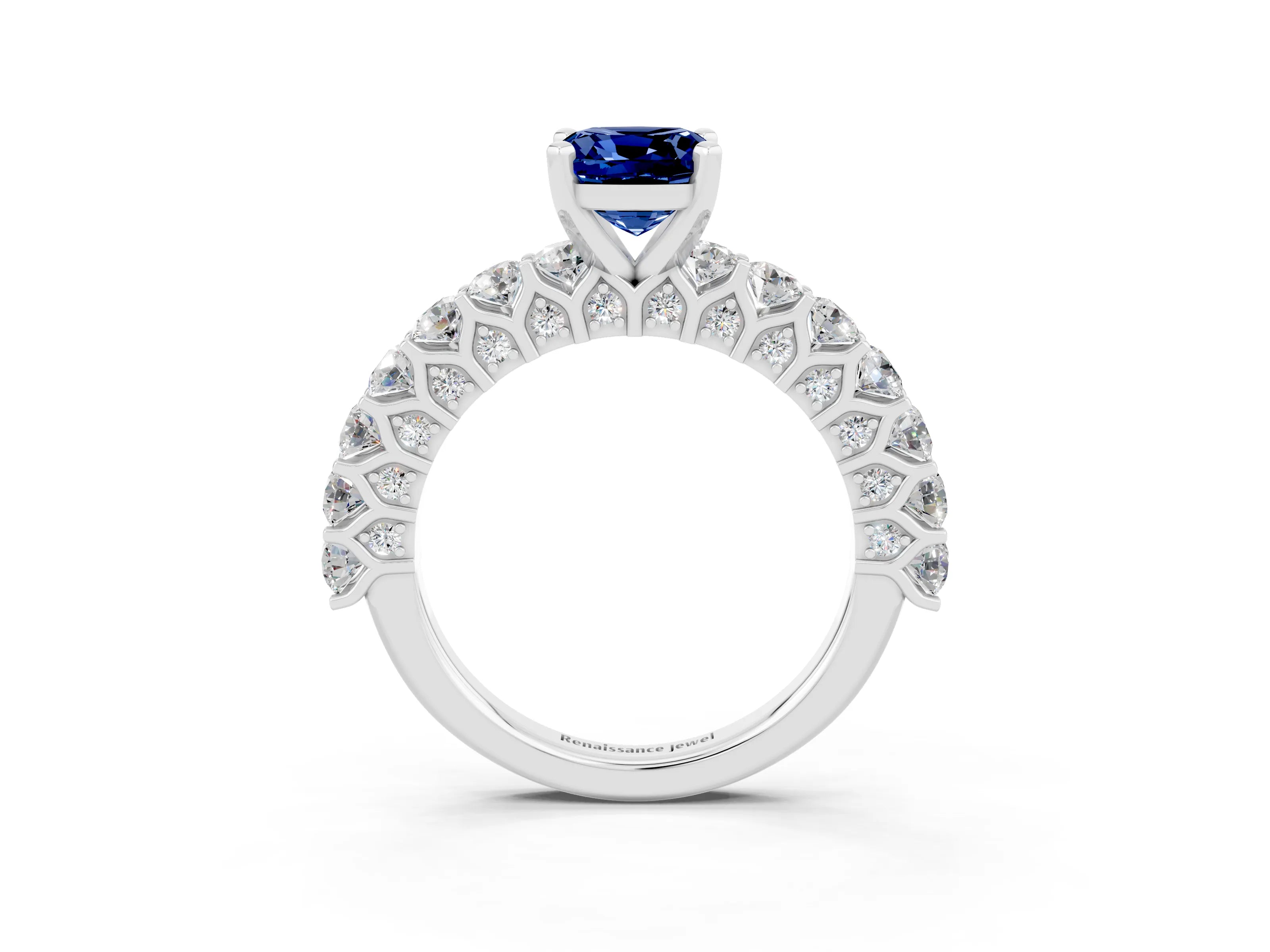 White gold Cushion Cut Blue Sapphire Solitaire Ring with Shared Prong Pavé Band and Four-Prong Setting_3