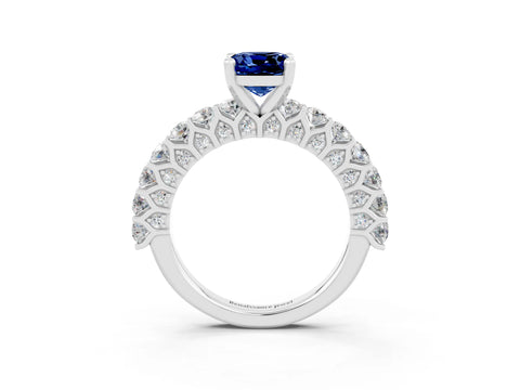 White gold Cushion Cut Blue Sapphire Solitaire Ring with Shared Prong Pavé Band and Four-Prong Setting_3