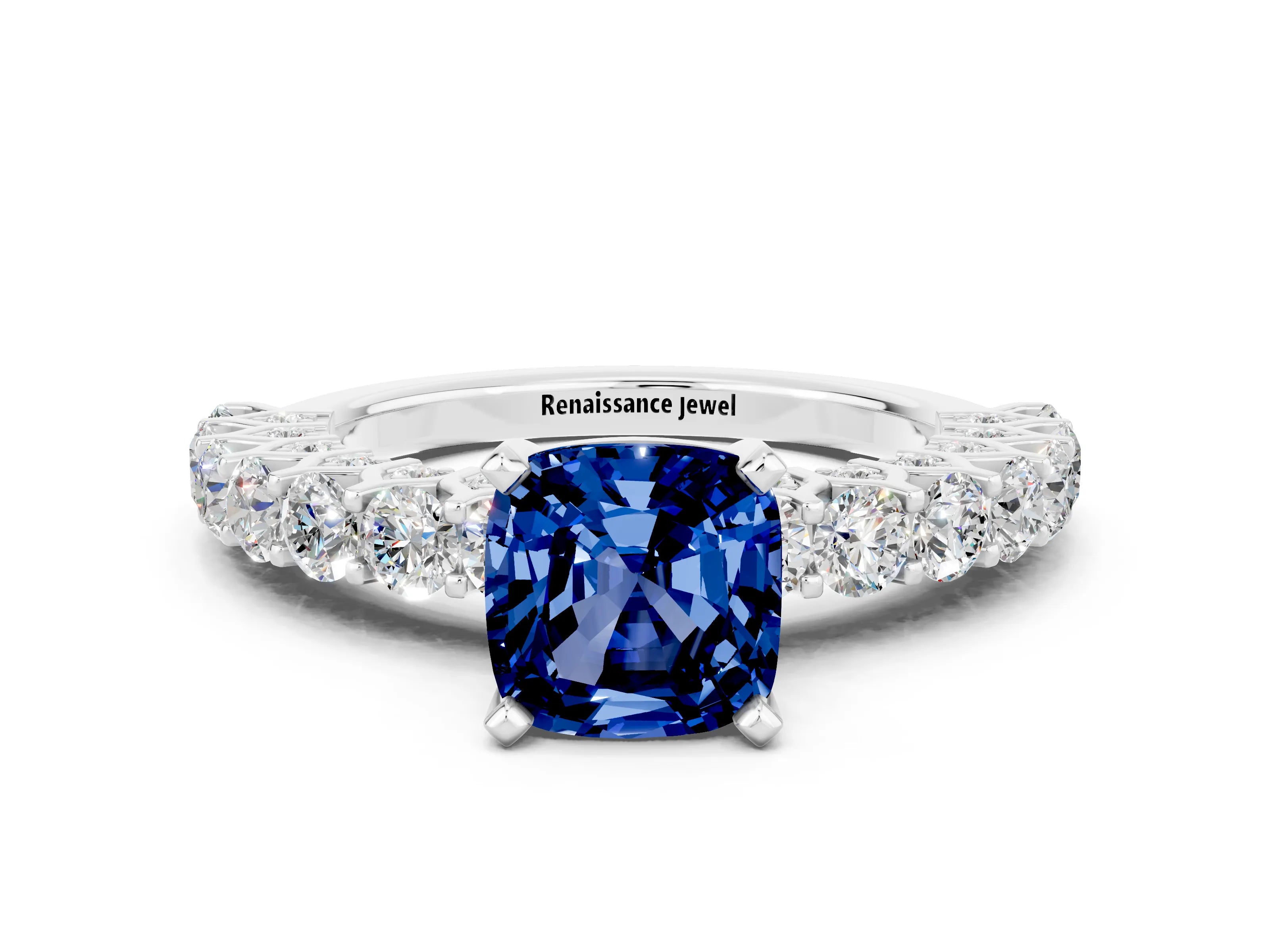 White gold Cushion Cut Blue Sapphire Solitaire Ring with Shared Prong Pavé Band and Four-Prong Setting
