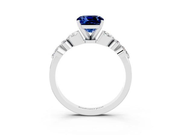 Platinum Cushion Cut Blue Sapphire Solitaire Ring with Side Stones and Four-Prong Setting