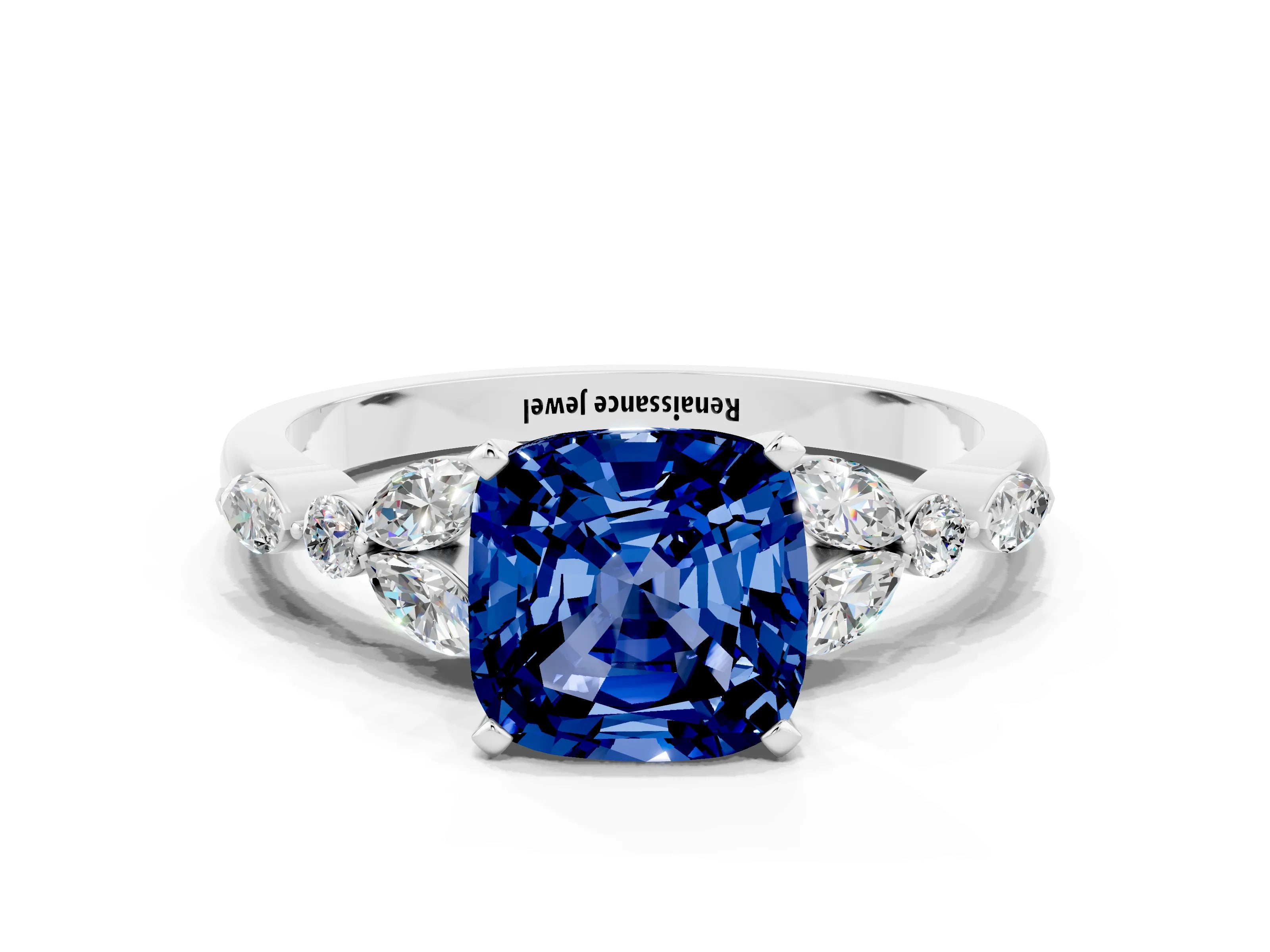 White gold Cushion Cut Blue Sapphire Solitaire Ring with Side Stones and Four-Prong Setting_24