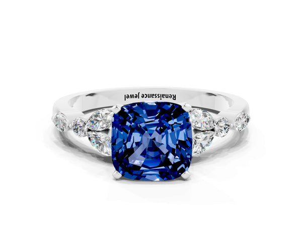 White gold Cushion Cut Blue Sapphire Solitaire Ring with Side Stones and Four-Prong Setting