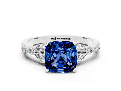 White gold Cushion Cut Blue Sapphire Solitaire Ring with Side Stones and Four-Prong Setting_24