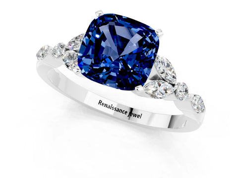 White gold Cushion Cut Blue Sapphire Solitaire Ring with Side Stones and Four-Prong Setting_25