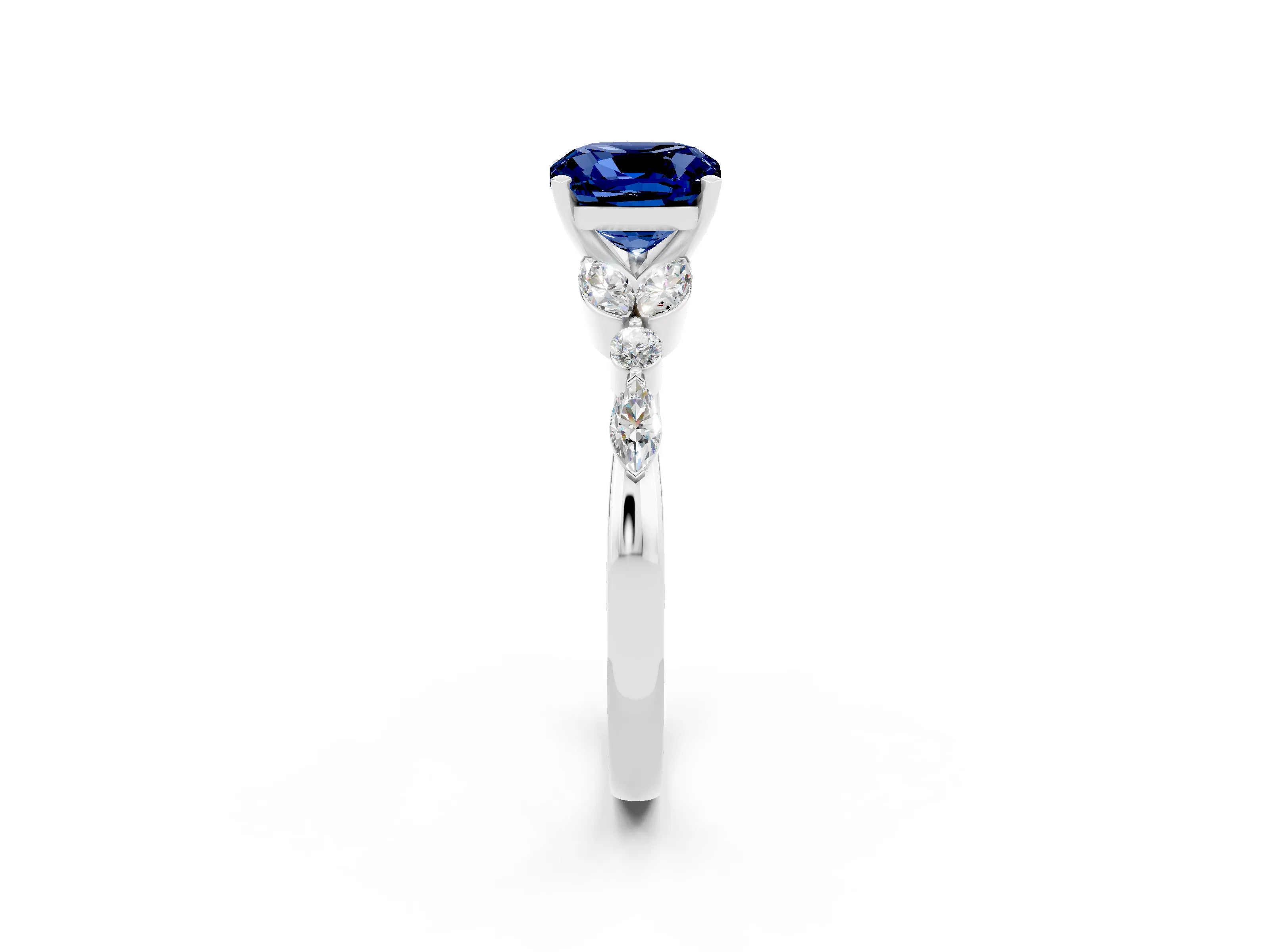 White gold Cushion Cut Blue Sapphire Solitaire Ring with Side Stones and Four-Prong Setting_26