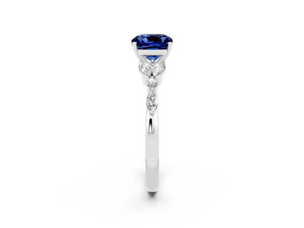 White gold Cushion Cut Blue Sapphire Solitaire Ring with Side Stones and Four-Prong Setting