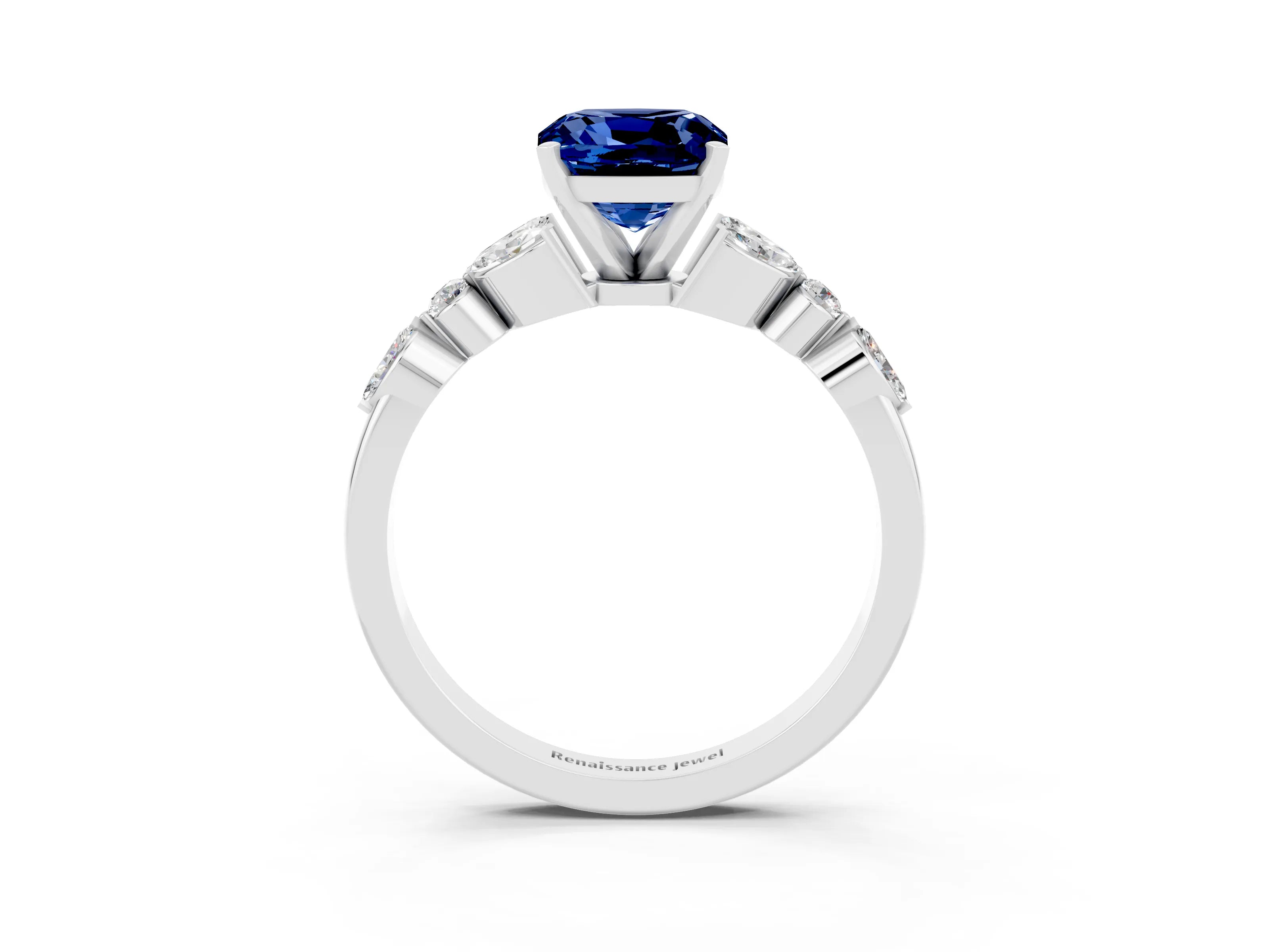 White gold Cushion Cut Blue Sapphire Solitaire Ring with Side Stones and Four-Prong Setting_27