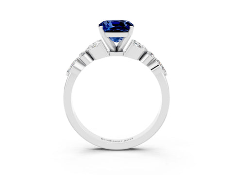 White gold Cushion Cut Blue Sapphire Solitaire Ring with Side Stones and Four-Prong Setting_27