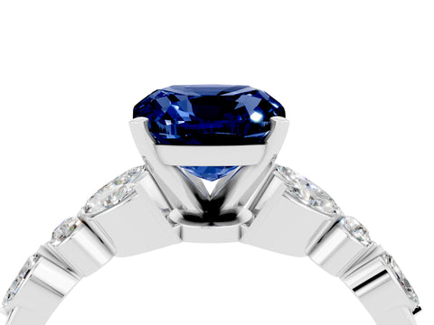 White gold Cushion Cut Blue Sapphire Solitaire Ring with Side Stones and Four-Prong Setting_28