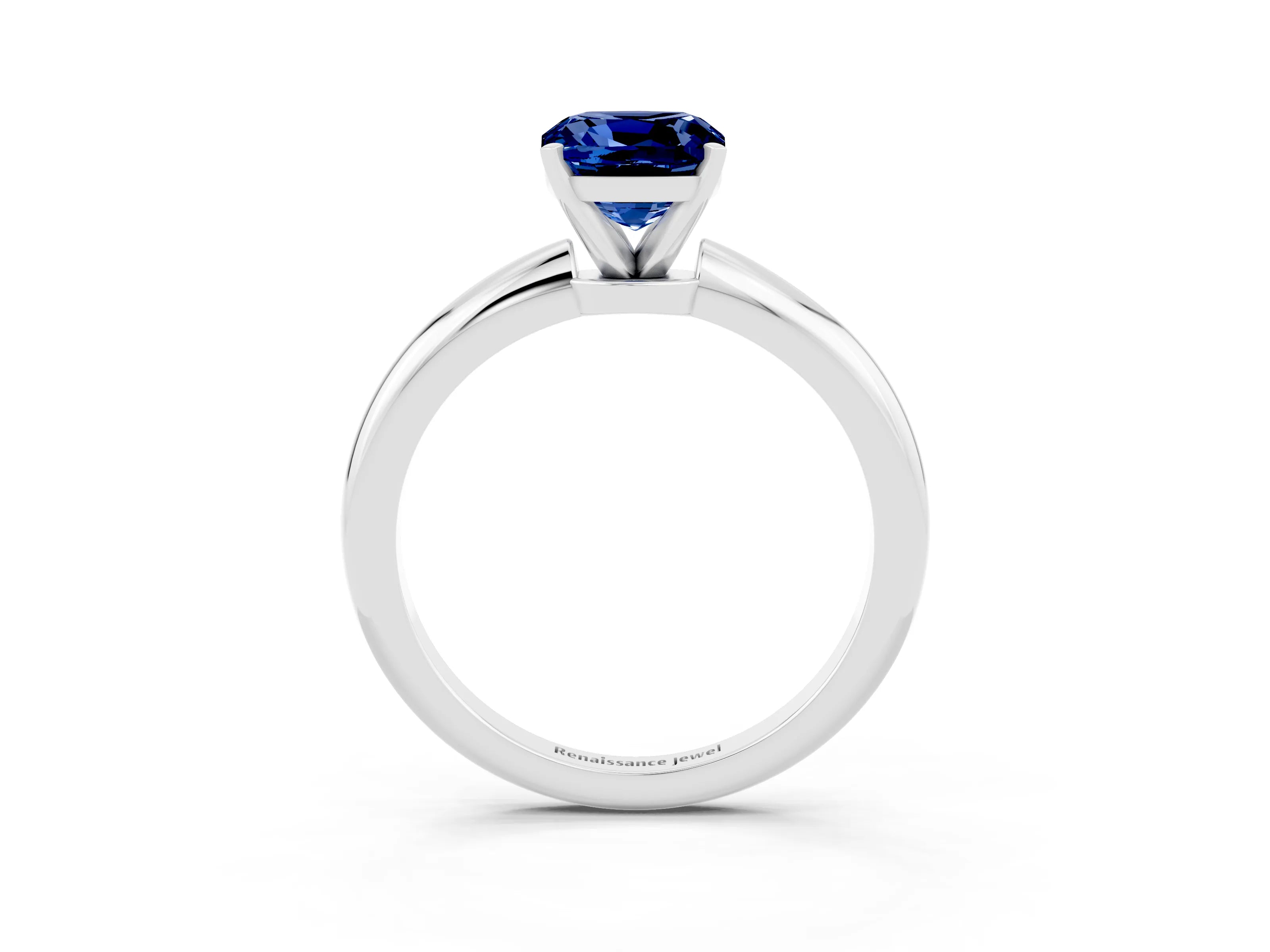 White gold Cushion Cut Blue Sapphire Solitaire Ring with Six-Prong Setting and Classic Band_15