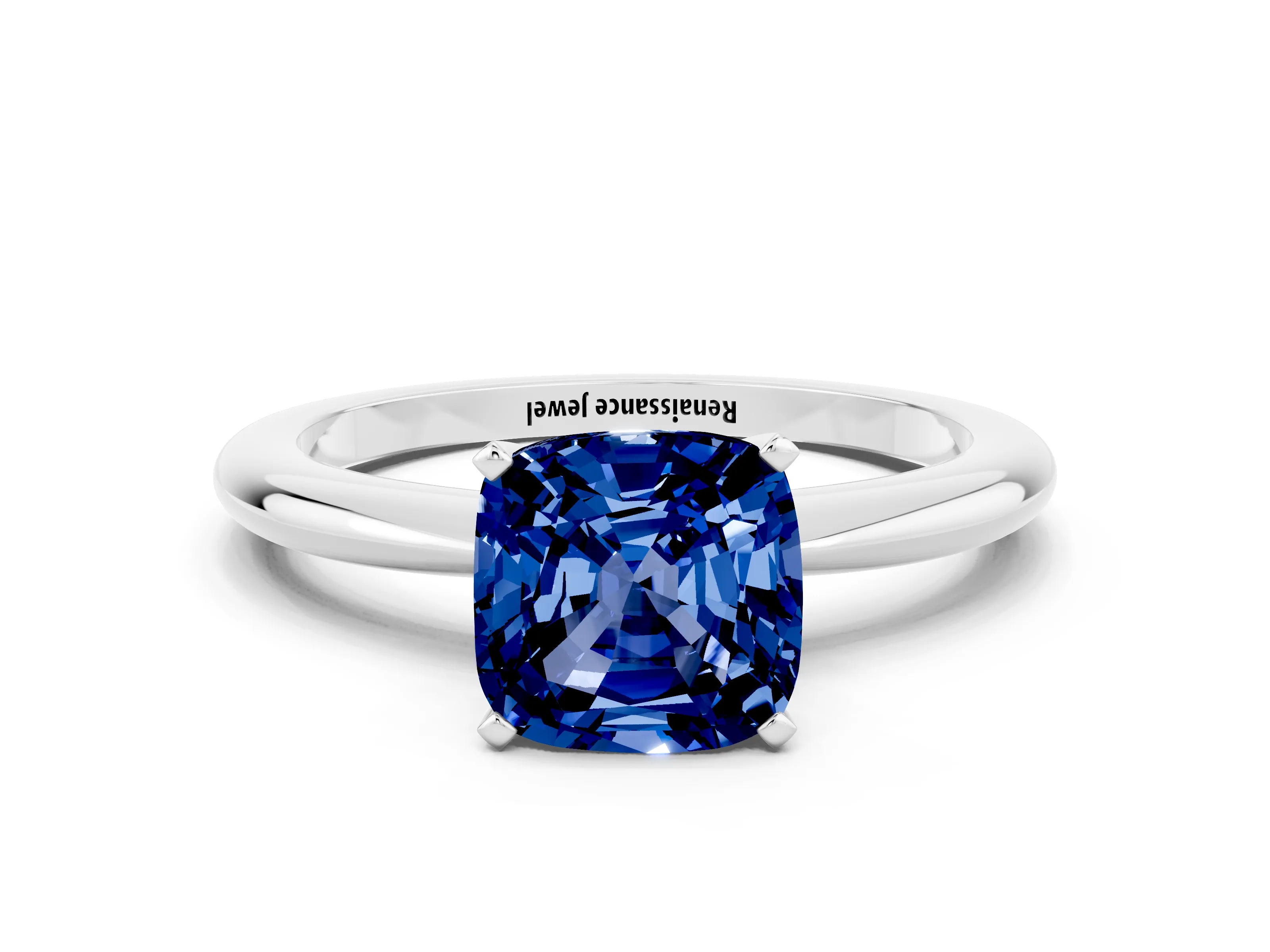 White gold Cushion Cut Blue Sapphire Solitaire Ring with Six-Prong Setting and Classic Band_24