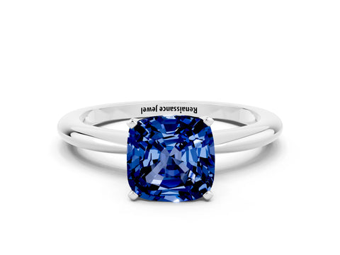 White gold Cushion Cut Blue Sapphire Solitaire Ring with Six-Prong Setting and Classic Band_24