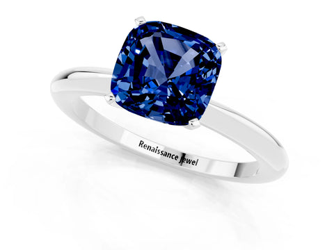 White gold Cushion Cut Blue Sapphire Solitaire Ring with Six-Prong Setting and Classic Band_25