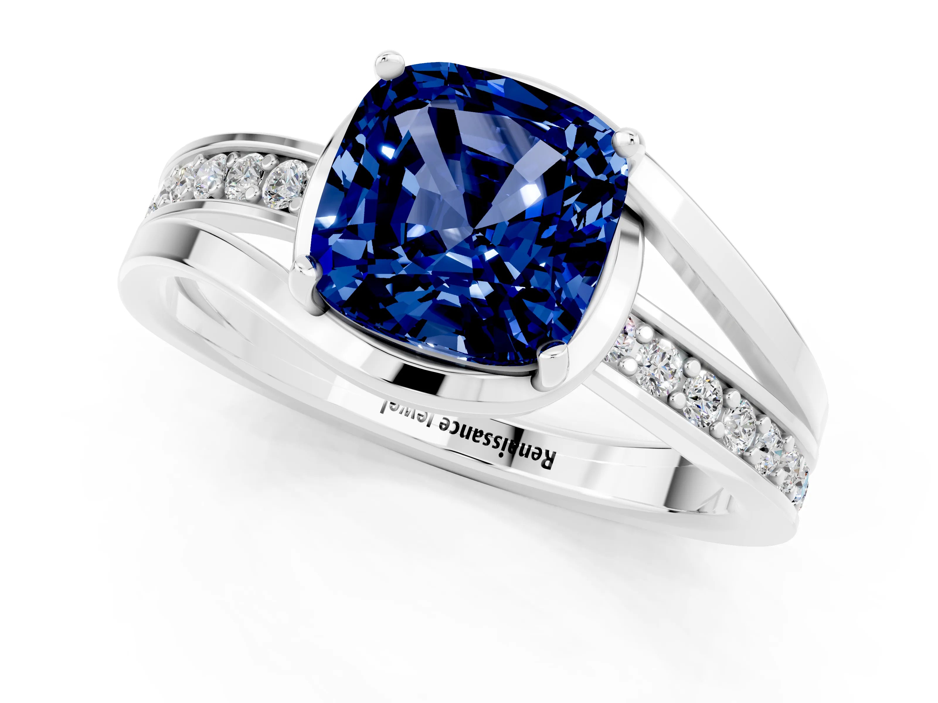 White gold Cushion Cut Blue Sapphire Solitaire Ring with Split Shank and Prong Setting_1
