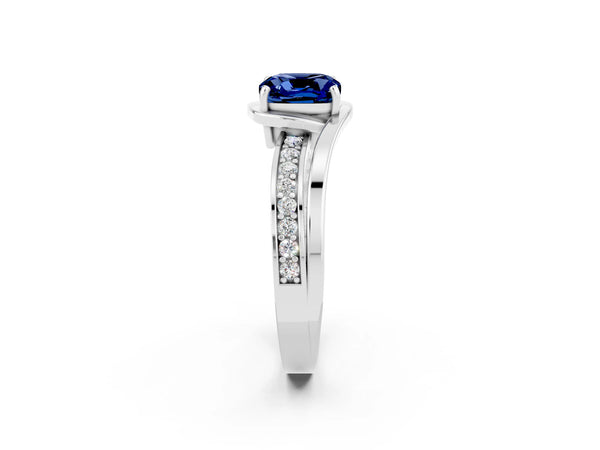 Platinum Cushion Cut Blue Sapphire Solitaire Ring with Split Shank and Prong Setting