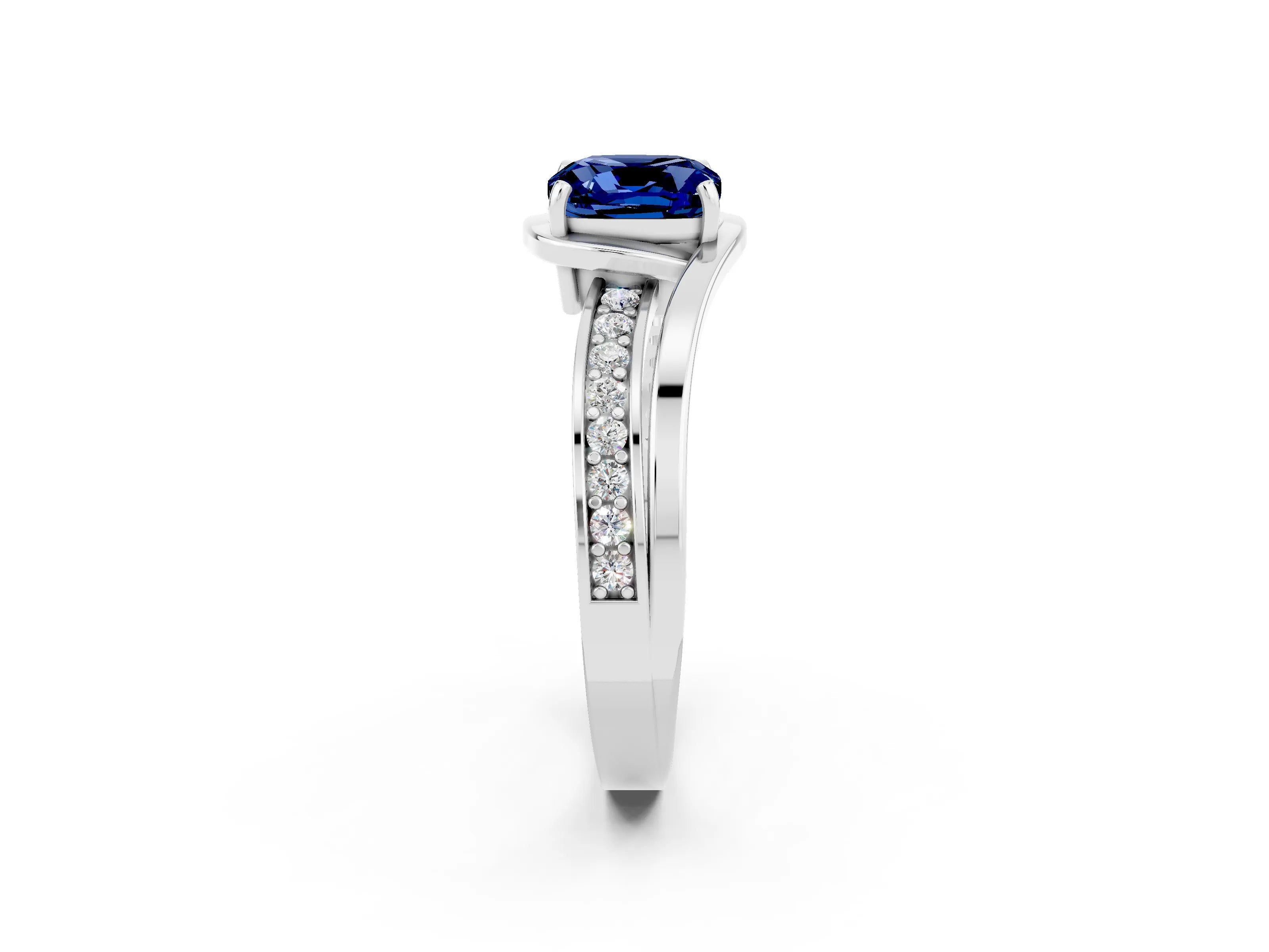 White gold Cushion Cut Blue Sapphire Solitaire Ring with Split Shank and Prong Setting_2
