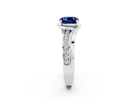 White gold Cushion Cut Blue Sapphire Solitaire Ring with Split Shank and Prong Setting_2