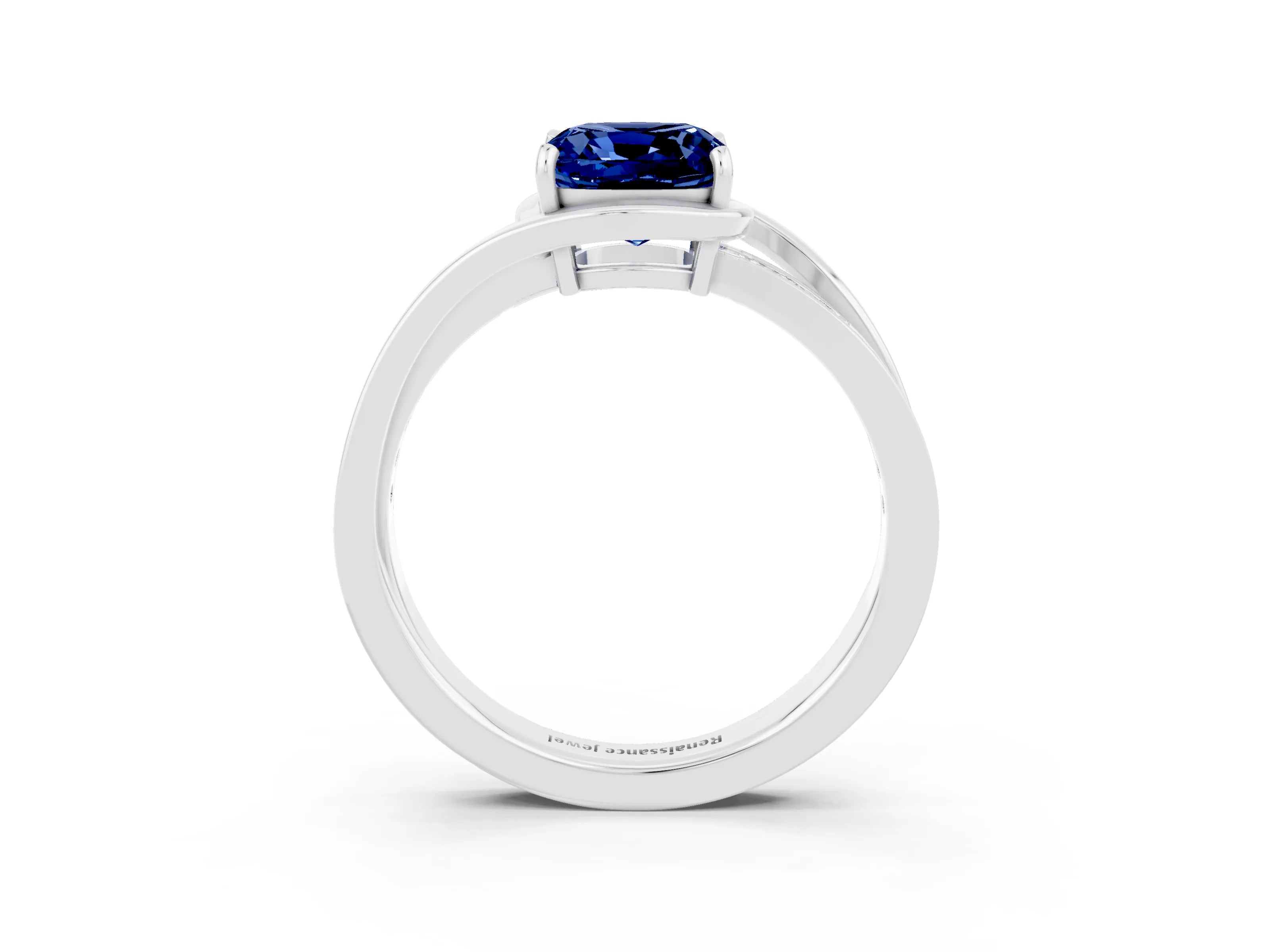 White gold Cushion Cut Blue Sapphire Solitaire Ring with Split Shank and Prong Setting_3