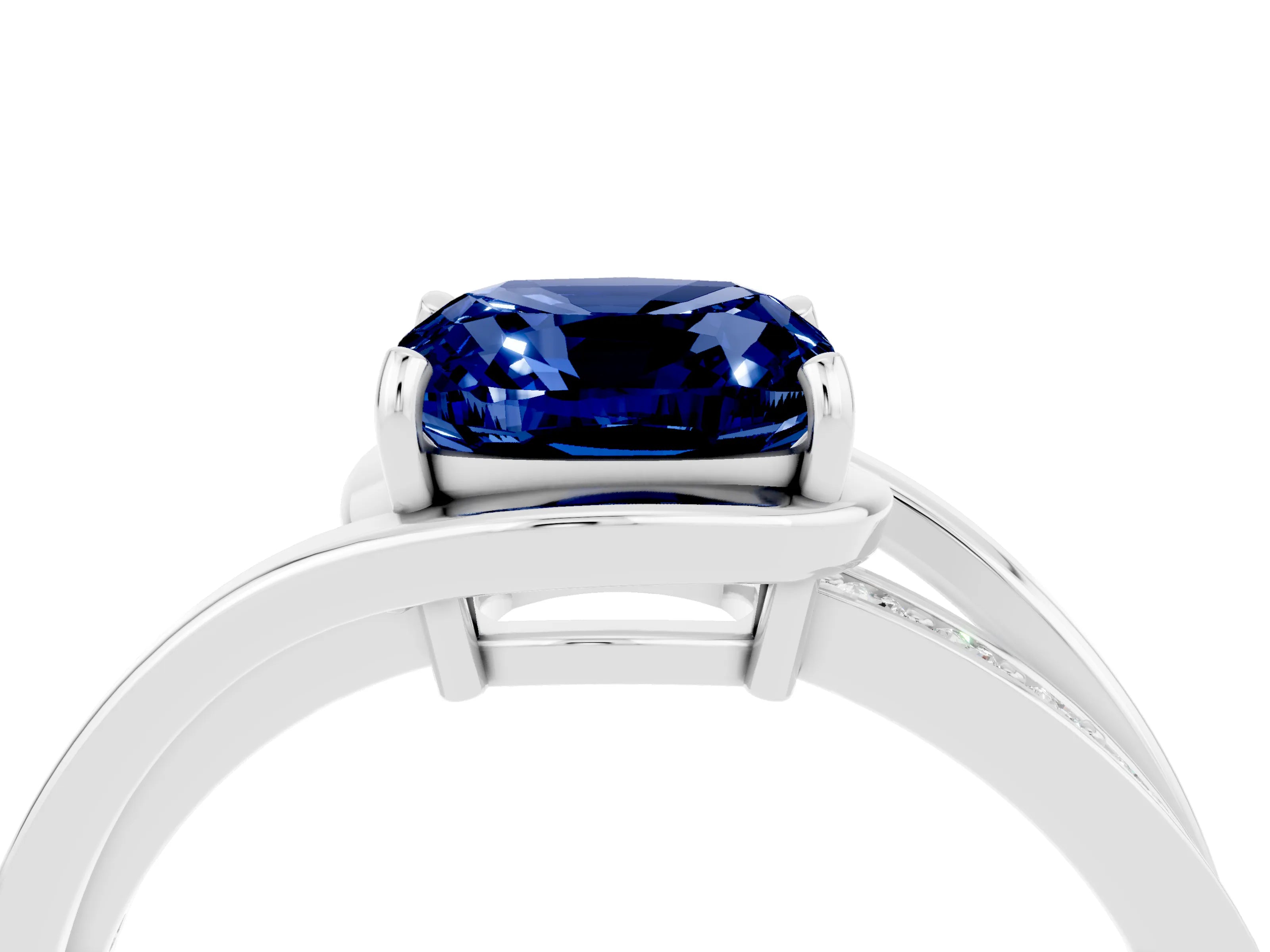 White gold Cushion Cut Blue Sapphire Solitaire Ring with Split Shank and Prong Setting_4