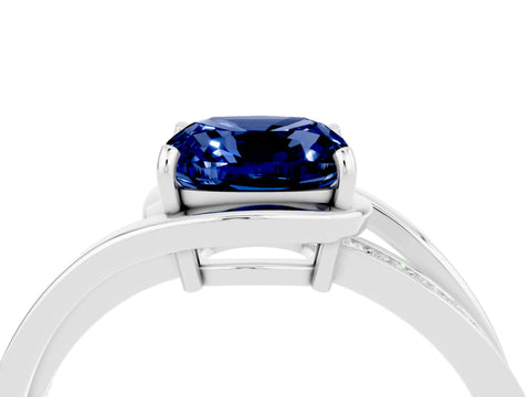 White gold Cushion Cut Blue Sapphire Solitaire Ring with Split Shank and Prong Setting_4