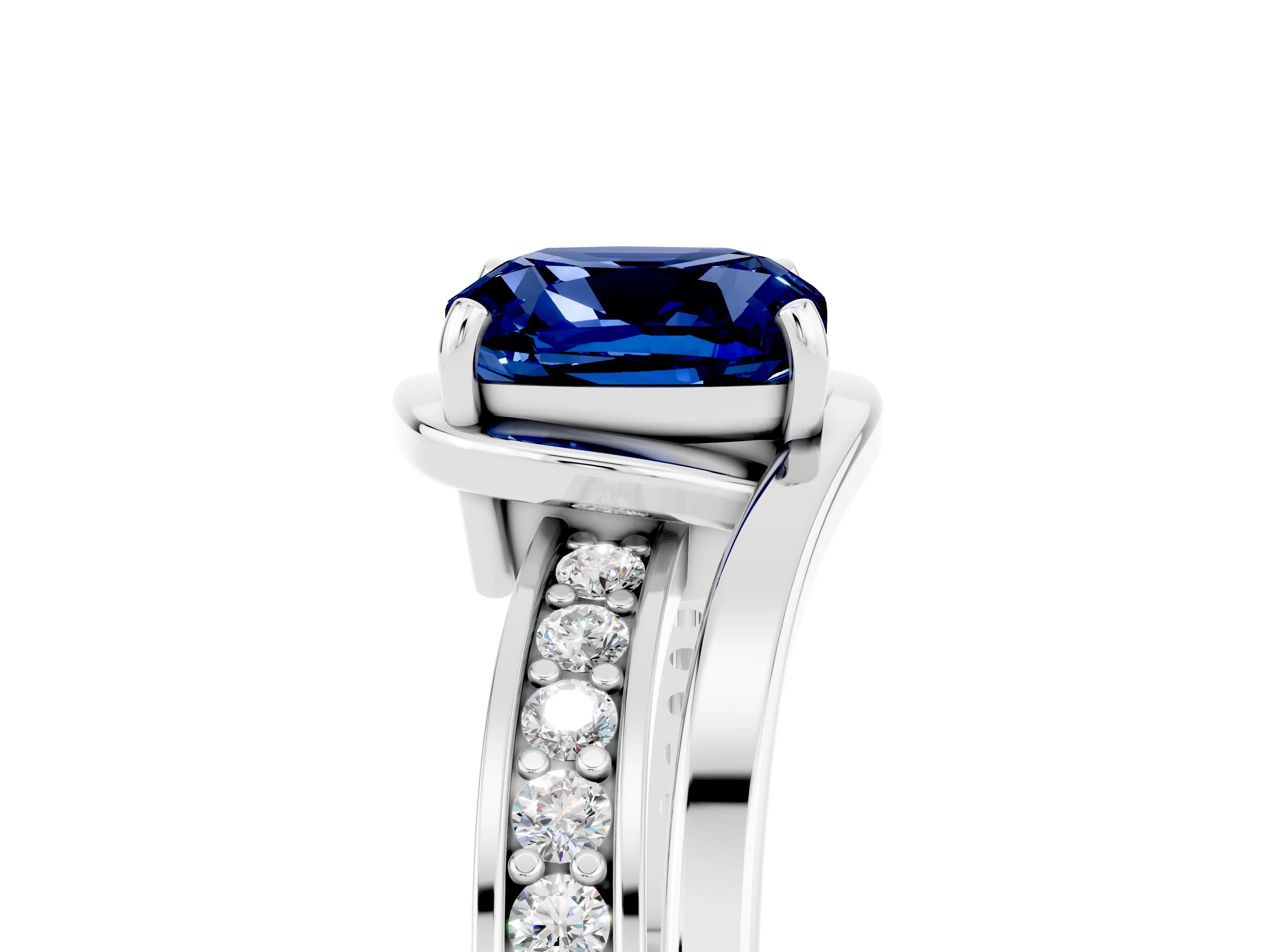 White gold Cushion Cut Blue Sapphire Solitaire Ring with Split Shank and Prong Setting_5