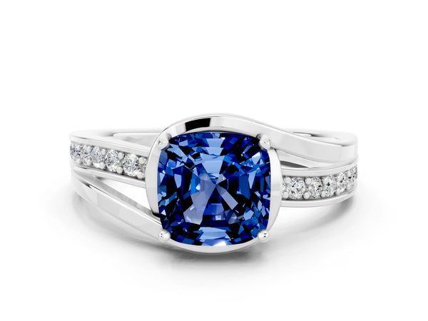 Silver Cushion Cut Blue Sapphire Solitaire Ring with Split Shank and Prong Setting