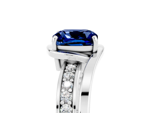 White gold Cushion Cut Blue Sapphire Solitaire Ring with Split Shank and Prong Setting_5