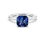 White gold Cushion Cut Blue Sapphire Solitaire Ring with Thin Band and Four-Prong Setting