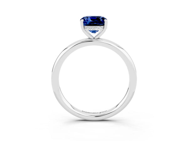 Silver Cushion Cut Blue Sapphire Solitaire Ring with Thin Band and Four-Prong Setting