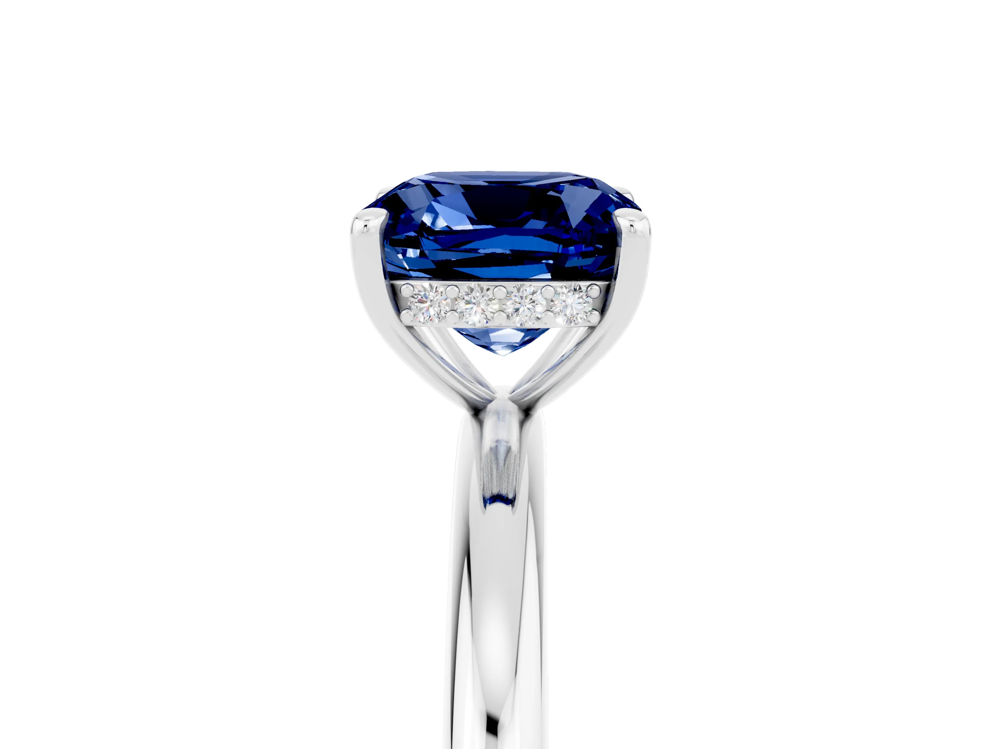 White gold Cushion Cut Blue Sapphire Solitaire Ring with Thin Band and Four-Prong Setting_5