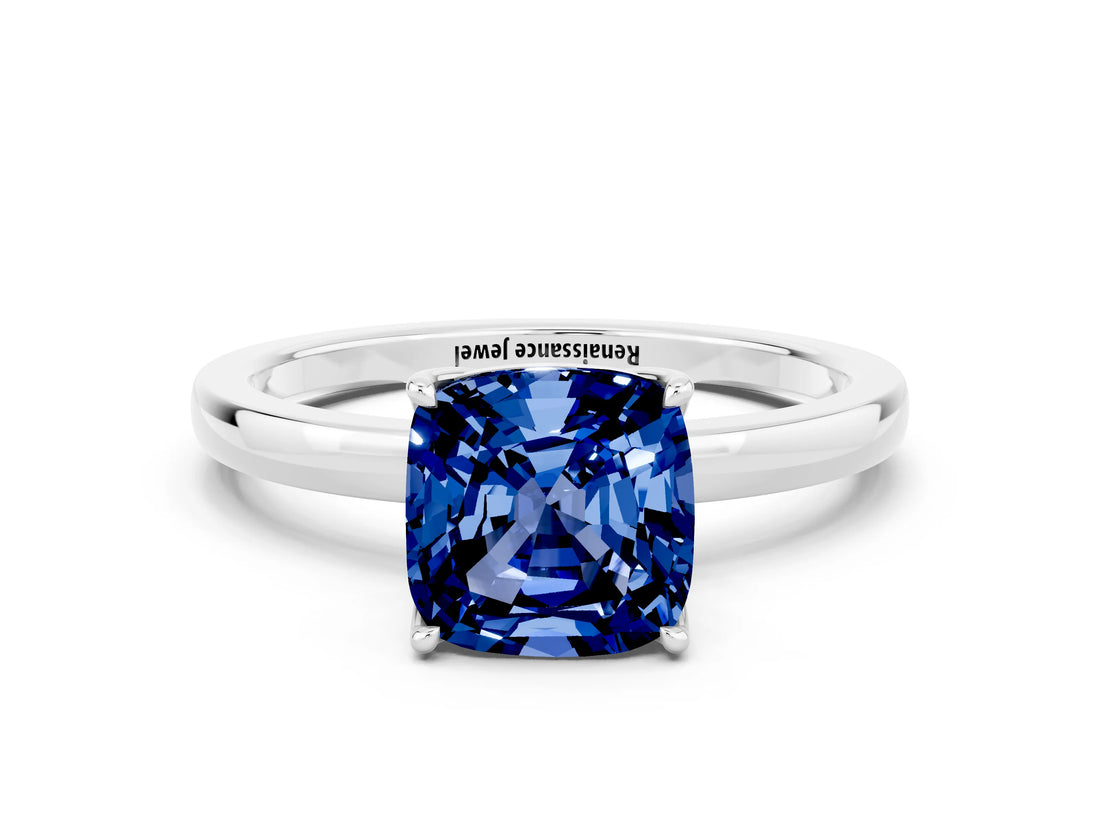 White gold Cushion Cut Blue Sapphire Solitaire Ring with Thin Band and Prong Setting_12