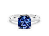 White gold Cushion Cut Blue Sapphire Solitaire Ring with Thin Band and Prong Setting_12
