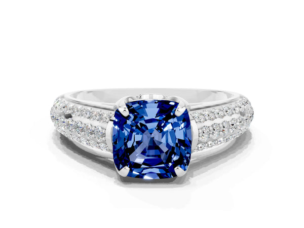 Silver Cushion Cut Blue Sapphire Solitaire Ring with Three-Row Pavé Band and Four-Prong Setting