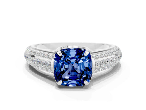 White gold Cushion Cut Blue Sapphire Solitaire Ring with Three-Row Pavé Band and Four-Prong Setting_12