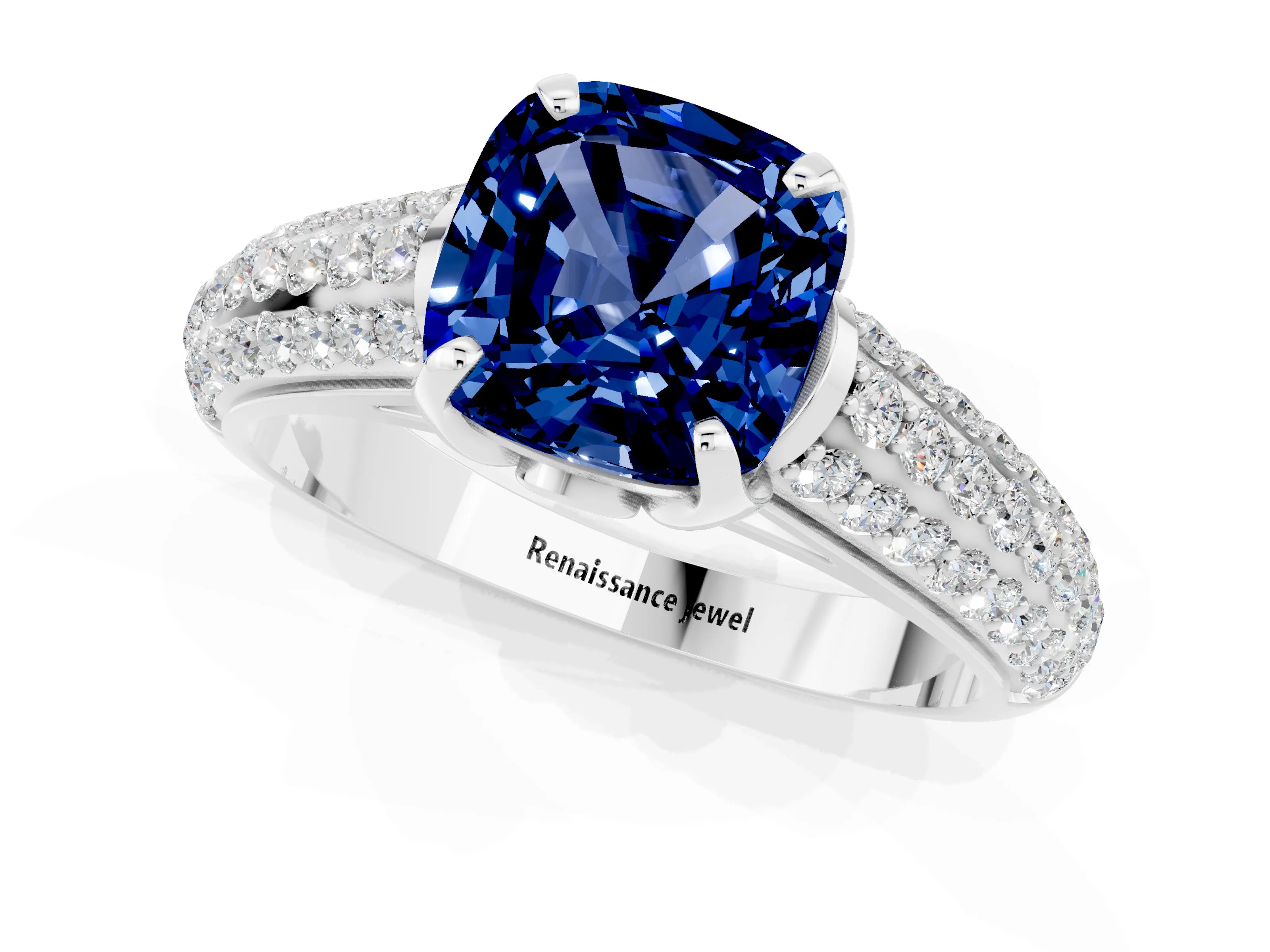 White gold Cushion Cut Blue Sapphire Solitaire Ring with Three-Row Pavé Band and Four-Prong Setting_13