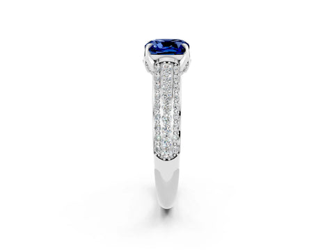 White gold Cushion Cut Blue Sapphire Solitaire Ring with Three-Row Pavé Band and Four-Prong Setting_14