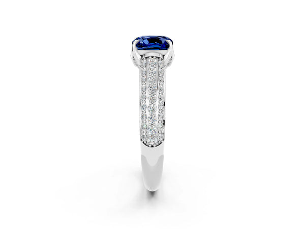Silver Cushion Cut Blue Sapphire Solitaire Ring with Three-Row Pavé Band and Four-Prong Setting