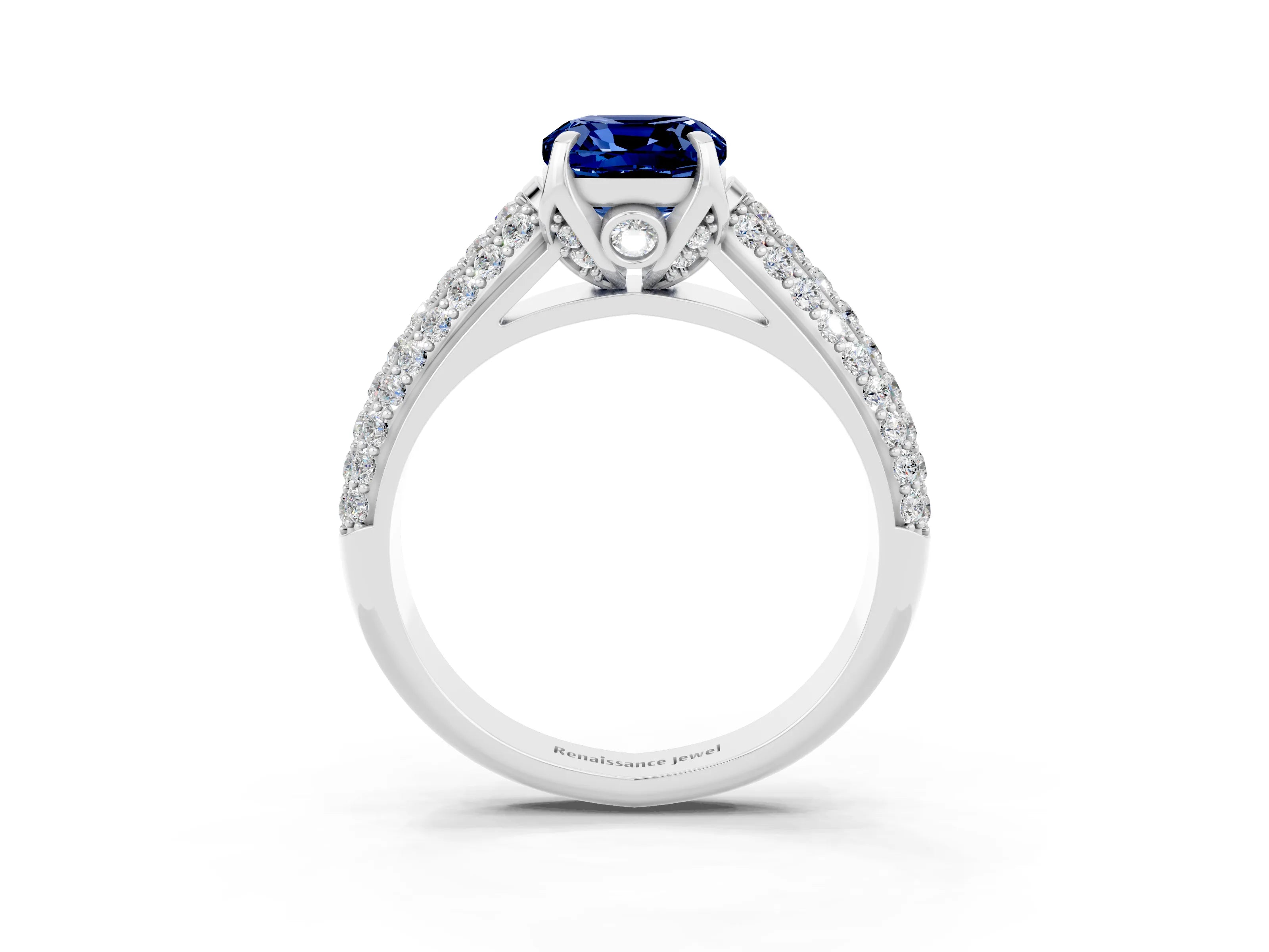 White gold Cushion Cut Blue Sapphire Solitaire Ring with Three-Row Pavé Band and Four-Prong Setting_15