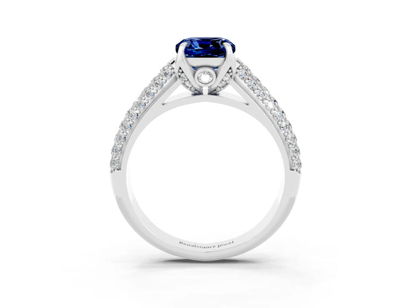 Silver Cushion Cut Blue Sapphire Solitaire Ring with Three-Row Pavé Band and Four-Prong Setting