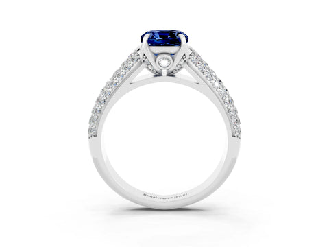 White gold Cushion Cut Blue Sapphire Solitaire Ring with Three-Row Pavé Band and Four-Prong Setting_15