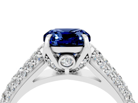 White gold Cushion Cut Blue Sapphire Solitaire Ring with Three-Row Pavé Band and Four-Prong Setting_16